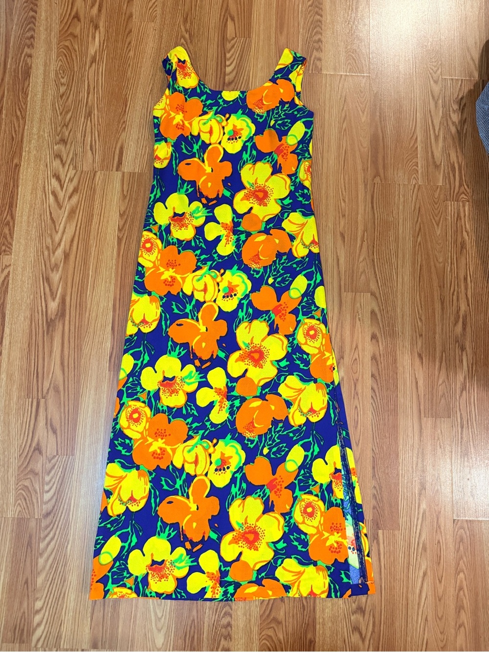 Vibrant vintage Floral Maxi dress — Navy with Yellow & Orange Bloom